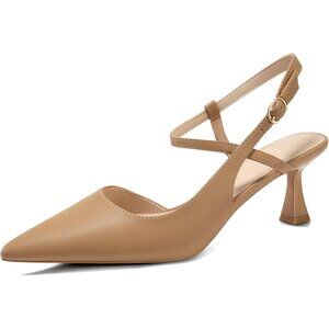 Women's Brown Low Kitten Heel Closed Pointed Toe Slingback Pumps Heels Slip On